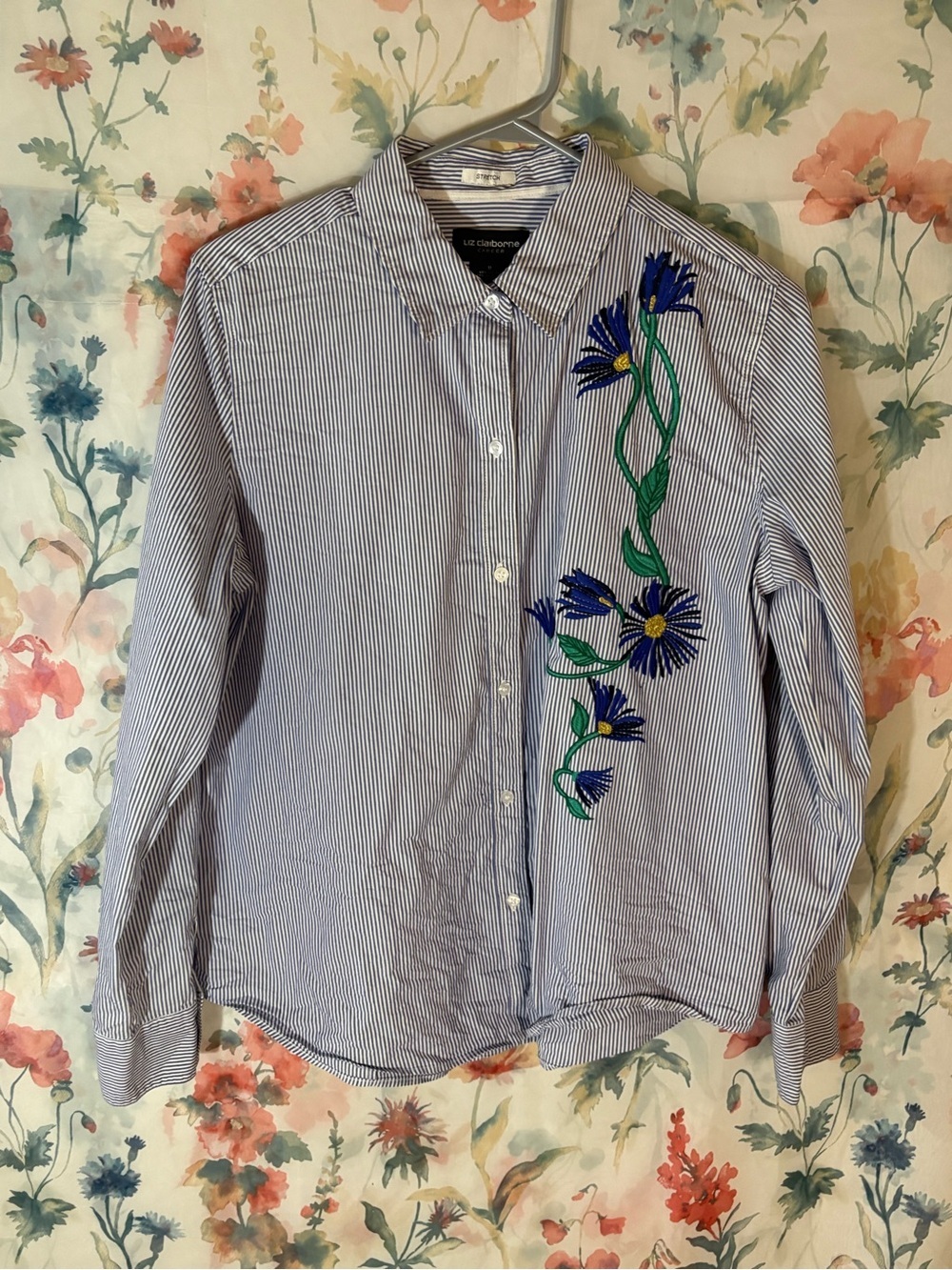 Liz Claiborne Blue and White Striped Shirt with Blue Floral Embroidery